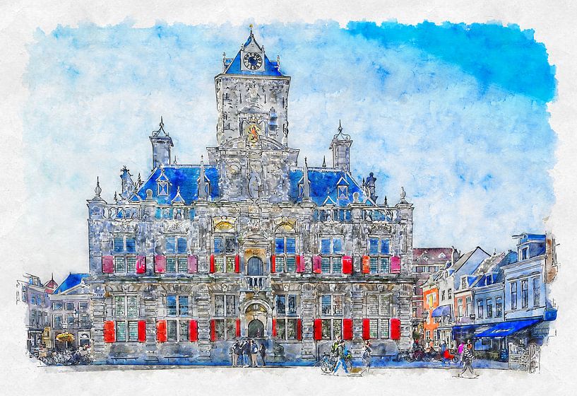 Rathaus von Delft (Aquarell) von Art by Jeronimo