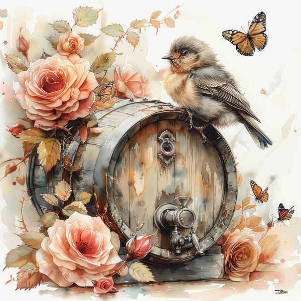 dogs-cats-birds-wine-barrel-butterflies-flowers by Gelissen Artworks