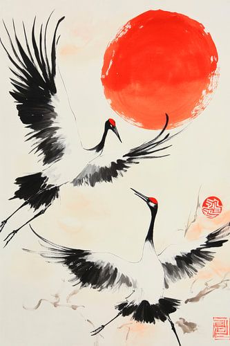 Grues au coucher du soleil - Art asiatique