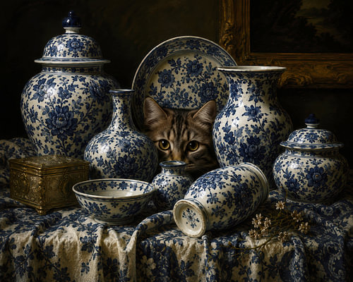 Cat amongst the Delft Blue Display Tableware