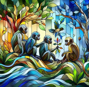 Vier aapjes in oerwoud van Yvonne van Huizen