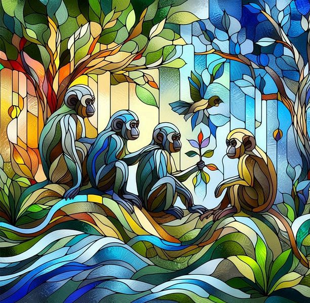 Quatre singes dans la jungle par Yvonne van Huizen