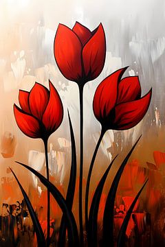 Abstract schilderij van rode tulpen van Art & Soul Creations