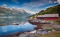 typisch rood huis aan een fjord in noorwegen met een bootje in het water van ChrisWillemsen thumbnail