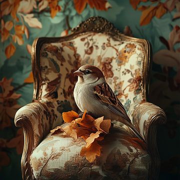 House sparrow on beige armchair by Bianca ter Riet