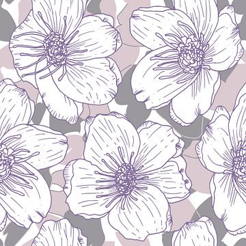 Bloemen in retro stijl. Moderne abstracte botanische kunst. Pastelkleuren paars, taupe grijs, roze van Dina Dankers