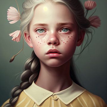 Digital art portret "meisje met bloemen" van Studio Allee
