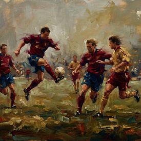 Peinture impressionniste représentant un match de football plein d'action sur Jan Keteleer
