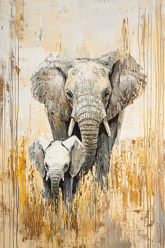 Moeder en babyolifant schilderij