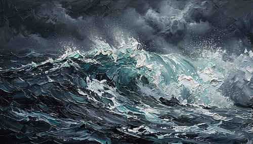 Une vague bleu sarcelle déferlant sous des nuages d'orage