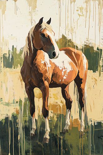 Schilderij van bruin paard buiten