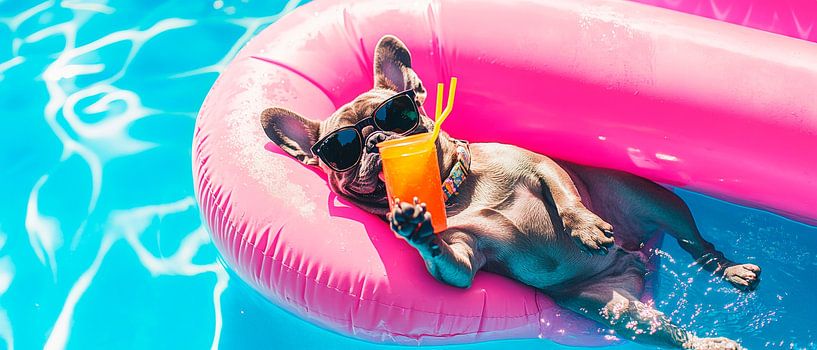 Hund entspannt im Pool mit Drink von Poster Art Shop