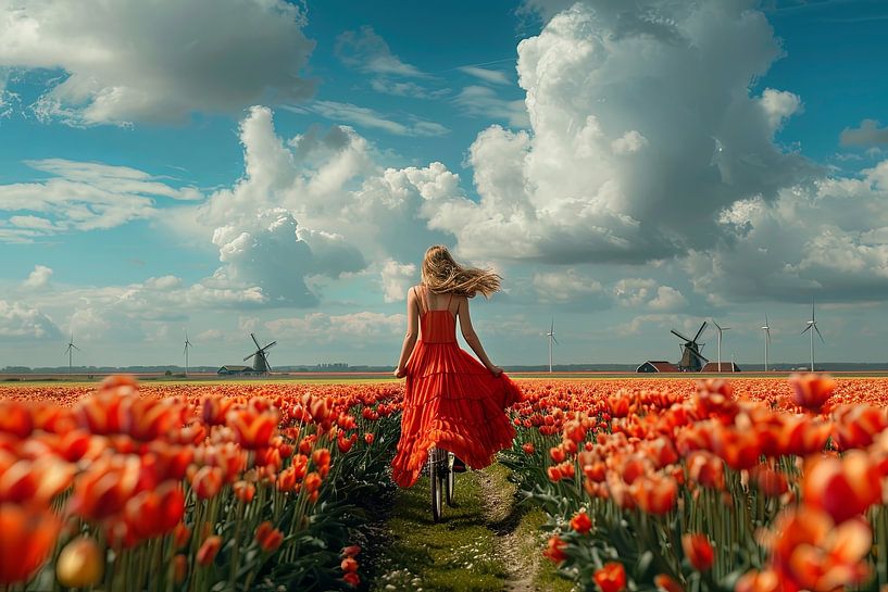 woman cycles through tulip field by Egon Zitter