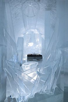 Bedroom hand carved out of ice at the IceHotel in Jukkasjärvi, Sweden
