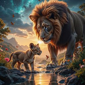 FERONYX – Ein Löwe mit seinem Jungtier im Sonnenuntergang in Afrika von INFERAURUM