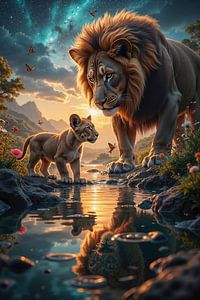 Fantasy Wall Art: FERONYX – A lion with its cub at sunset in Africa