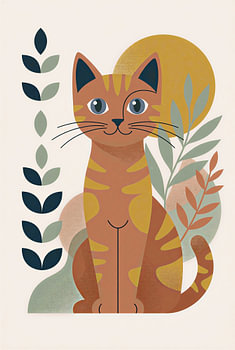Mid-Century Modern Orange Tabby Cat Art - Boho Botanical Minimalist Feline Illustration