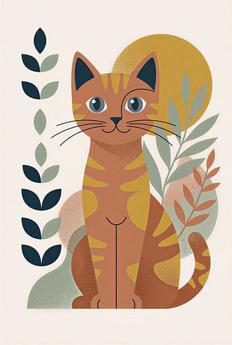 Mid-Century Modern Orange Tabby Cat Art - Boho Botanical Minimalist Feline Illustration