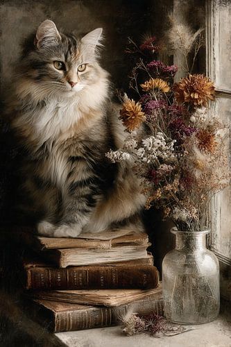 Kat met boeken en bloemen - Poëtisch schilderij