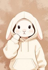 Wandbild mit Kaninchen – Süßes, schüchternes Kawaii-Häschen im cremefarbenen Kapuzenpulli im Aquarellstil