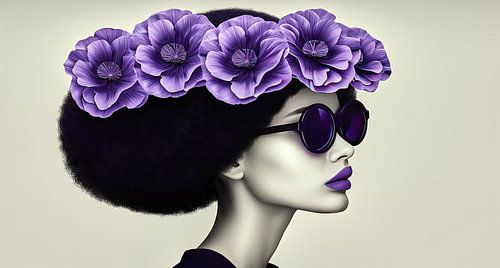 Zwarte vrouw met zonnebril en paarse bloemen