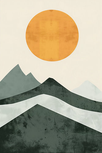 Paysage de montagne « Japandi » avec un soleil doré