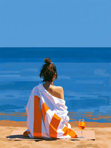 Woman with Wine Facing the Blue Sea