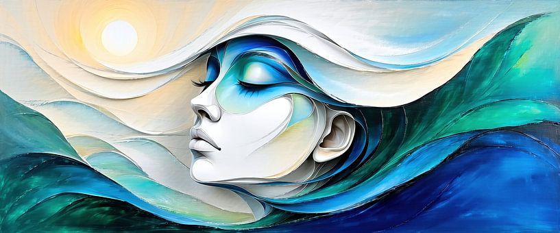 Born from the waves - The tranquil melody of the sea, captured in the dreamy profile of a woman's face, her features gently interweaving with the tides as the pale sun watches over the ocean. by AidasignArt