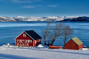 Winterlandschaft mit typischen rotem Hause an der schneebedeckten Kueste