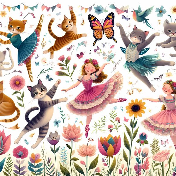 Chats et filles dansant par Tatjana Korneeva
