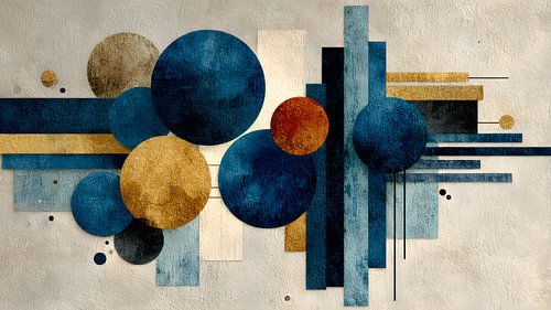 Mid-Century Harmony - Blauw & Goud Geometrisch Panorama