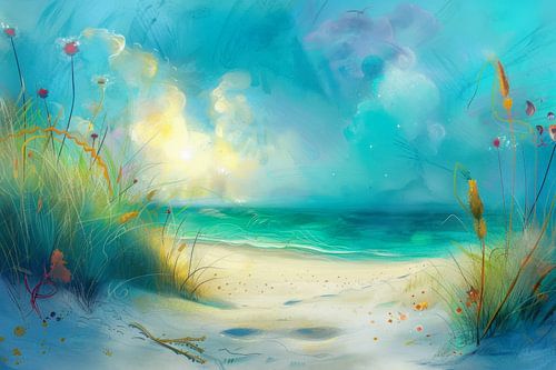 Gemälde eines Strandes mit türkisfarbenem Meer und klarem blauen Himmel von Peter Pen Zeichnungen und Gemälde