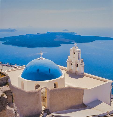 Blauwe kerkkoepel, Fira, Santorini, Griekenland