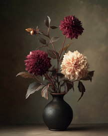 Bourgondische Dahlia’s | Donker Botanisch Stilleven met Bloemen