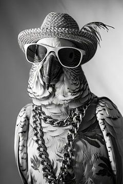 Papegaai met zonnebril en hoed in zwart en wit van Poster Art Shop