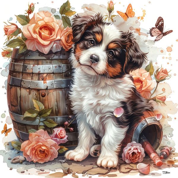 dogs-cats-birds-wine-barrel-butterflies-flowers by Gelissen Artworks