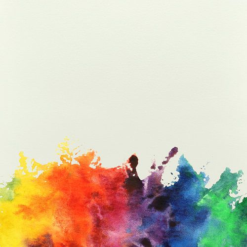 Verf vlek in regenboog kleuren (vrolijk abstract aquarel schilderij vierkant behang paarse spetters)