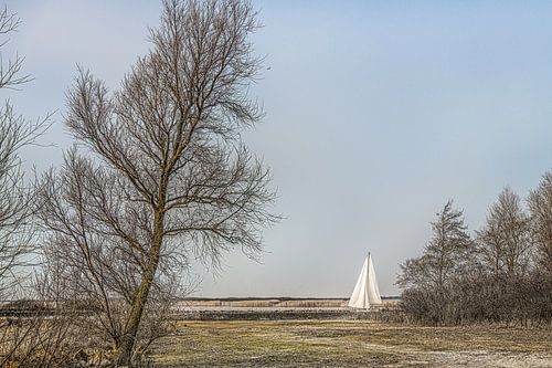 Sail of a small sailing ship in the Makkumer Diep on a windless evening by Harrie Muis