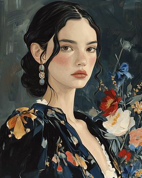Portret met bloemen in warme kleuren van Carla Van Iersel