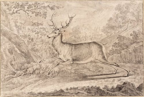 Un cerf fuyant à travers la forêt, Ridinger, Johann Elias sur Teylers Museum