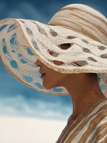 Vroeuw met hoed op het strand