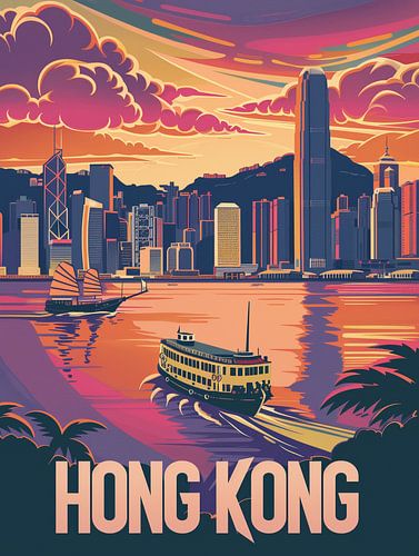 Hong Kong Dusk: Skyline & Star Ferry Retro Poster