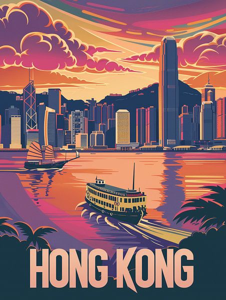 Hong Kong Schemering: Skyline &amp; Star Ferry Retro Poster van Travel Shop