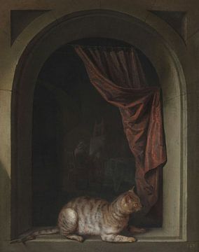 Kat gehurkt op de richel van een kunstenaarsatelier, Gerrit Dou
