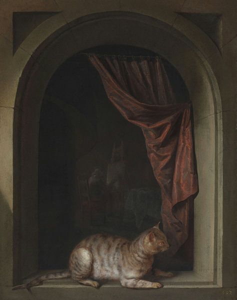 Kat gehurkt op de richel van een kunstenaarsatelier, Gerrit Dou van Meesterlijcke Meesters