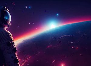 In dem bunten Weltraumnebel taucht langsam ein Astronaut auf. Teil 1