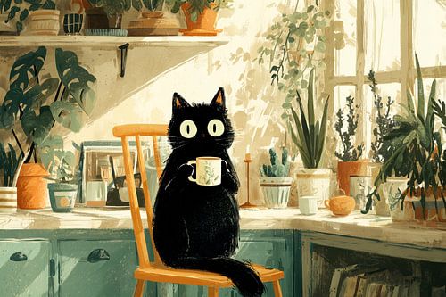 Chat noir avec une tasse au soleil