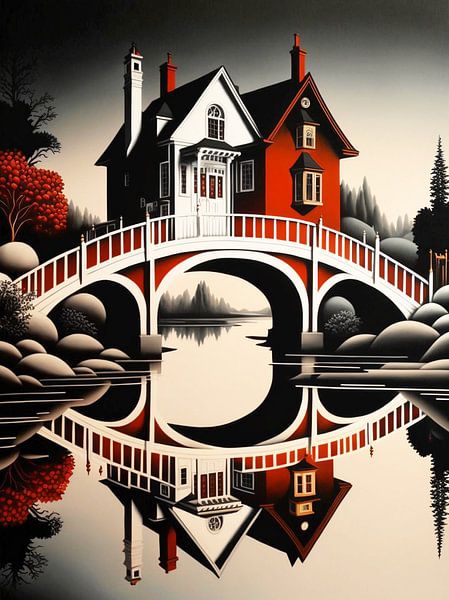 Miniaturlandschaft Häuser Brücke Fluß  weiß schwarz rot von gm_designs