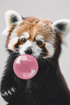 Rode Panda Blaast Een Roze Kauwgombal van Poster Art Shop