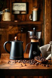 Le plaisir du café dans la cuisine sur Poster Art Shop